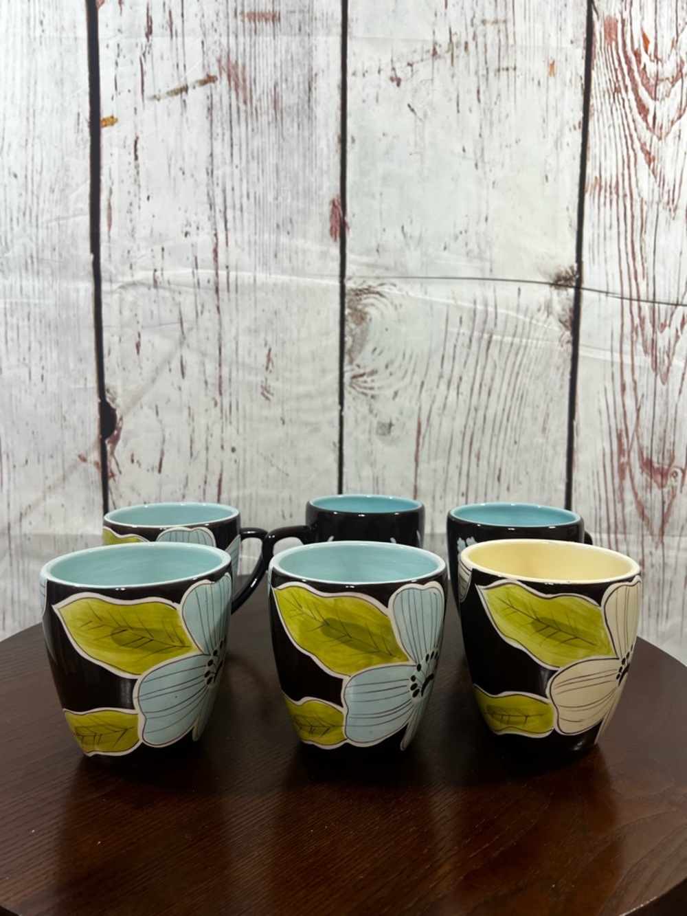 Laurie Gates Floral Ceramics Mugs - Brown with Blue, Yellow Interiors lot of 6